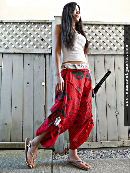 Red Samurai Crests Waist-Tied Samurai Pants S to XXL size