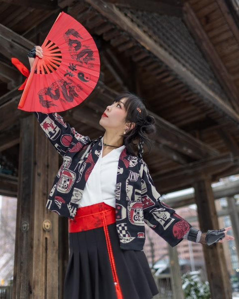 Sake Bottle Print Cropped Top Jacket