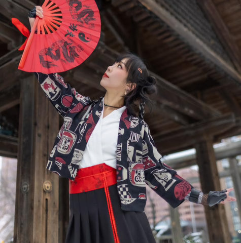 Sake Bottle Print Cropped Top Jacket