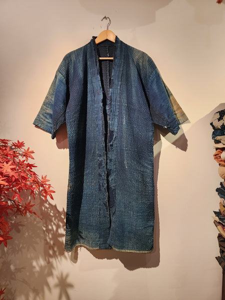 1900s Meiji Era Antique Boro Indigo Sashiko Long Noragi from Sado Island