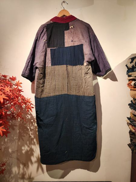 1930-50s Vintage Winter Padded Patchwork Boro Reversible Long Peasant's Noragi