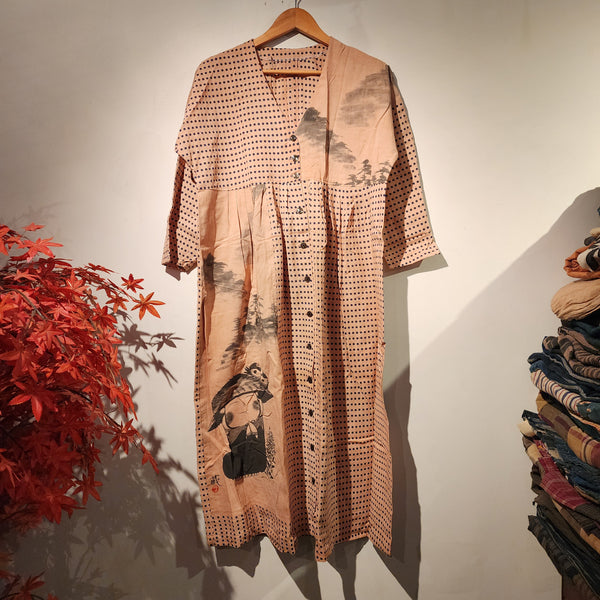 Retro Kakishibu Dyed Tenugui Long Sleeve Dress