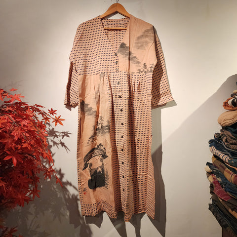 Retro Kakishibu Dyed Tenugui Long Sleeve Dress