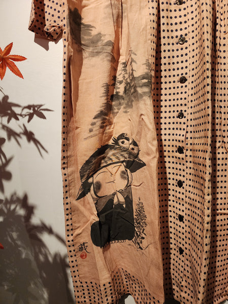 Retro Kakishibu Dyed Tenugui Long Sleeve Dress