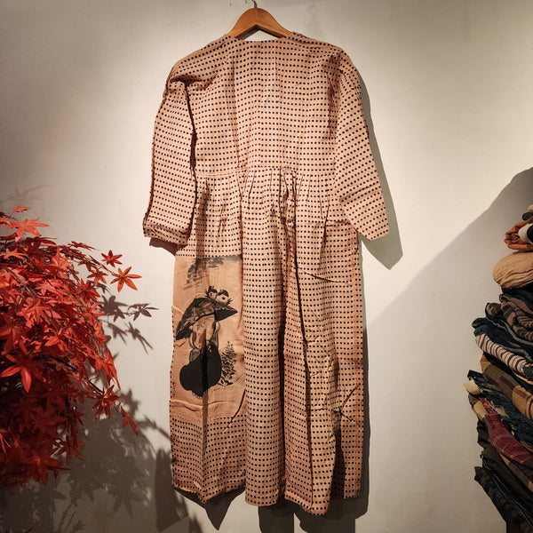 Retro Kakishibu Dyed Tenugui Long Sleeve Dress