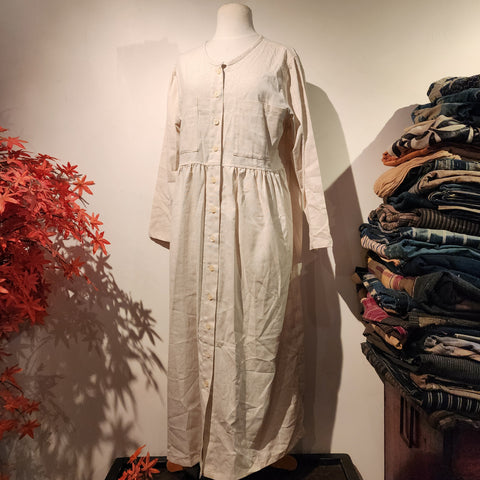 Beige Natural Linen Cotton Long Sleeves Dress