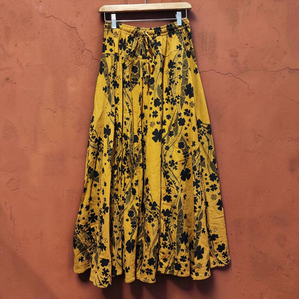 Mustard Yellow Cherry Blossom 8 Panel Long Skirt with pockets