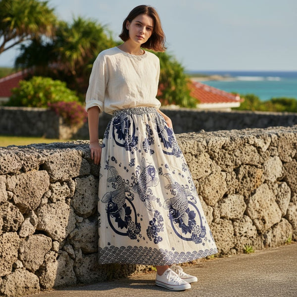 Natural White Cute Koi A-Line Skirts