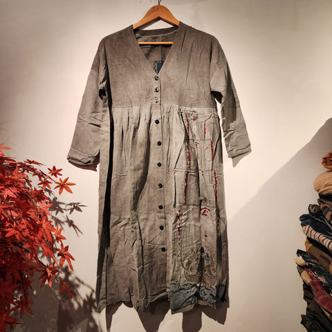 Retro Treasure Ship 7 Lucky God Persimmon Tanning Dyed Tenugui Long Sleeve Dress