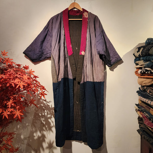 1930-50s Vintage Winter Padded Patchwork Boro Reversible Long Peasant's Noragi