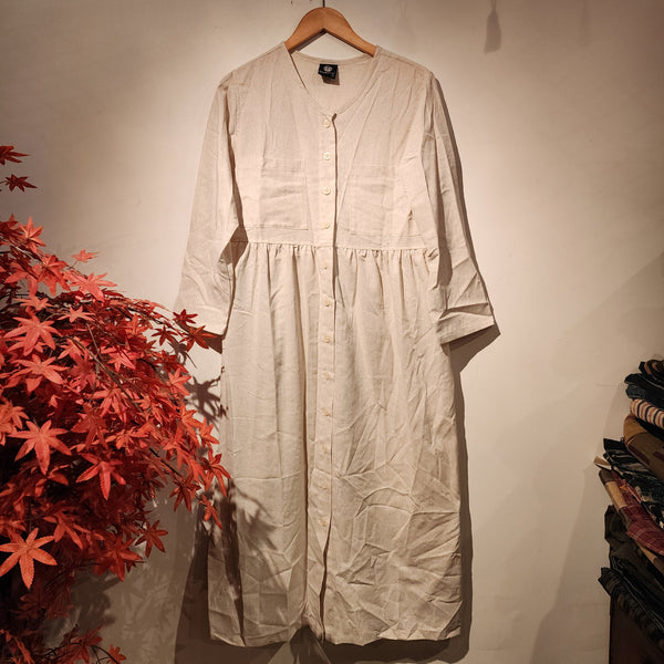 Beige Natural Linen Cotton Long Sleeves Dress