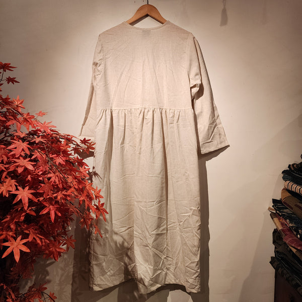 Beige Natural Linen Cotton Long Sleeves Dress