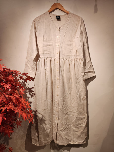 Beige Natural Linen Cotton Long Sleeves Dress