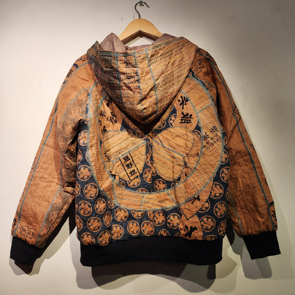 Retro Kakishibu Dyed Sashiko Patchwork Kamon Sukajan Quilted Jacket