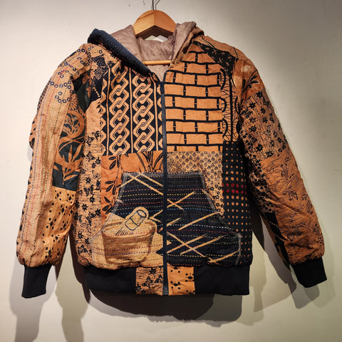 Retro Kakishibu Dyed Sashiko Patchwork Kamon Sukajan Quilted Jacket
