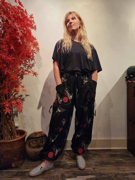 Black Crane Sun drawstring Elastic waist comfy pants