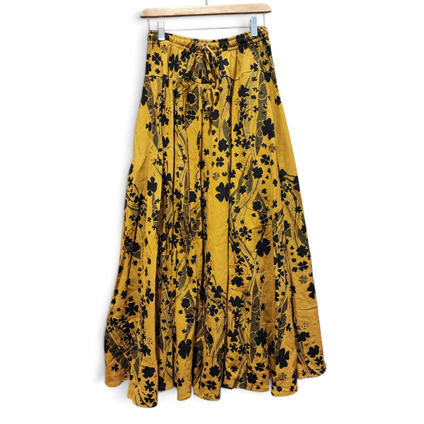 Mustard Yellow Cherry Blossom 8 Panel Long Skirt with pockets