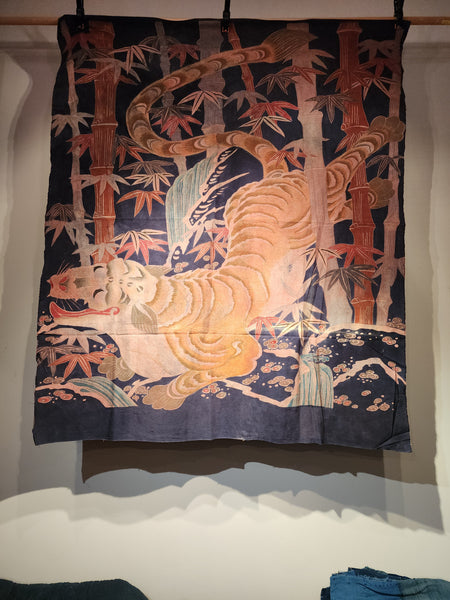 Vintage Indigo Bamboo Tiger Futon Cover Wall Art 128 x 152cm