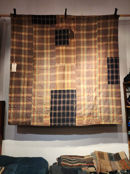 Vintage Indigo Katazome Dyed Chrysanthemum Arabesque Pattern Rug from Tohoku 152 x 150cm 1.27kg