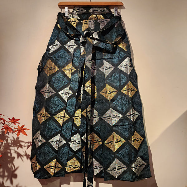 Vintage Black Sapphire Golden Crane Kamon Hakama Pants L86cm
