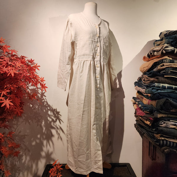 Beige Natural Linen Cotton Long Sleeves Dress