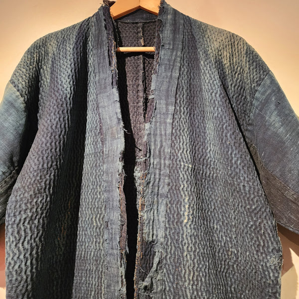 1900s Meiji Era Antique Boro Indigo Sashiko Long Noragi from Sado Island