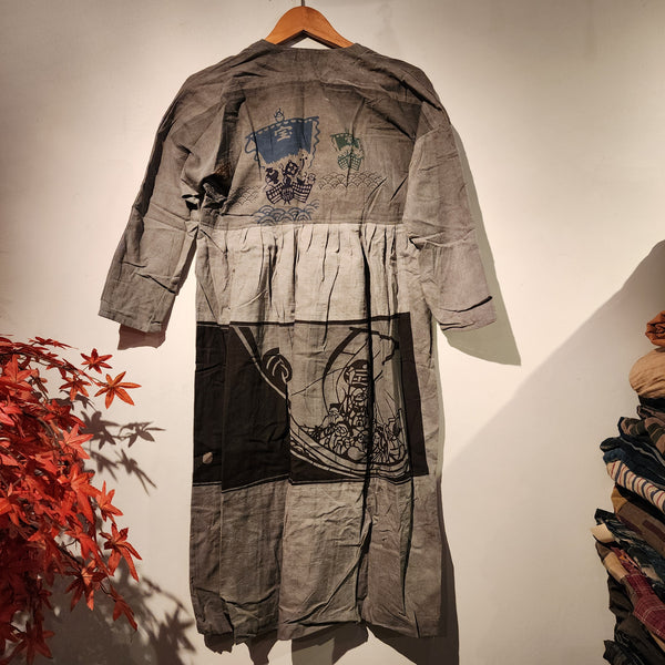 Retro Treasure Ship 7 Lucky God Persimmon Tanning Dyed Tenugui Long Sleeve Dress