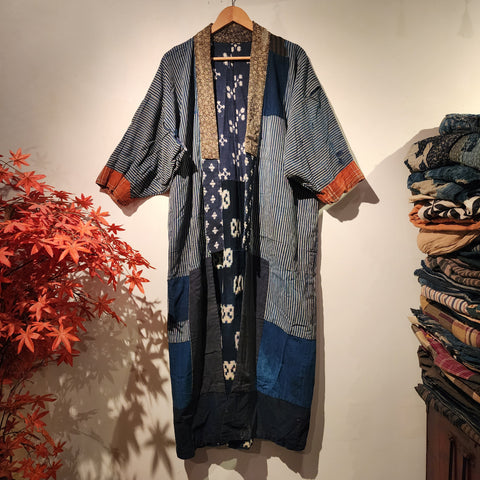 Vintage Ikat Kasuri Reversible Patchwork Long Noragi