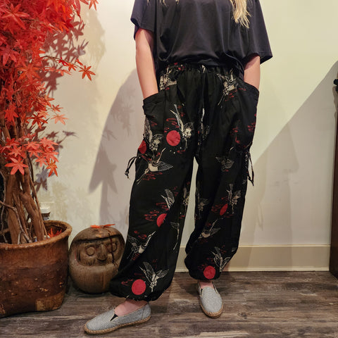 Black Crane Sun drawstring Elastic waist comfy pants