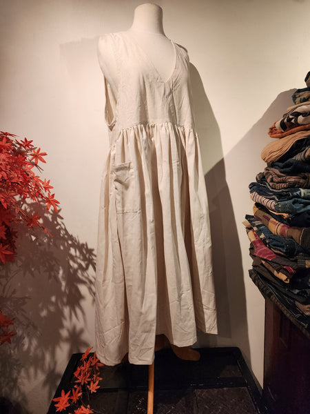 Beige Natural Linen Cotton Sleeveless Long Dress