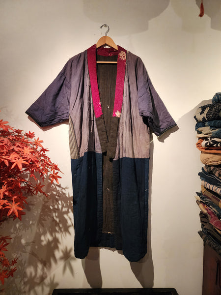 1930-50s Vintage Winter Padded Patchwork Boro Reversible Long Peasant's Noragi