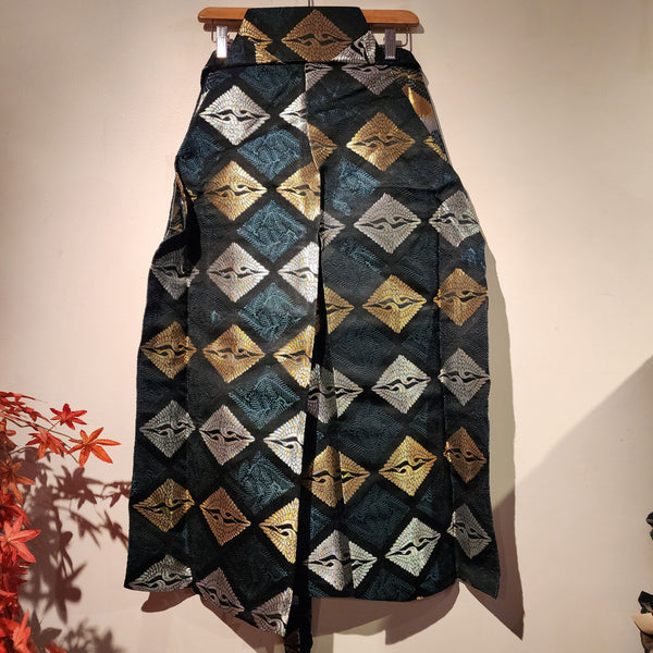 Vintage Black Sapphire Golden Crane Kamon Hakama Pants L86cm