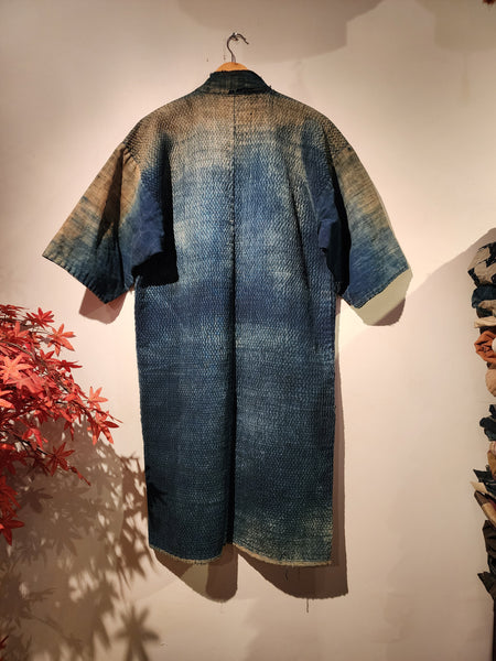 1900s Meiji Era Antique Boro Indigo Sashiko Long Noragi from Sado Island