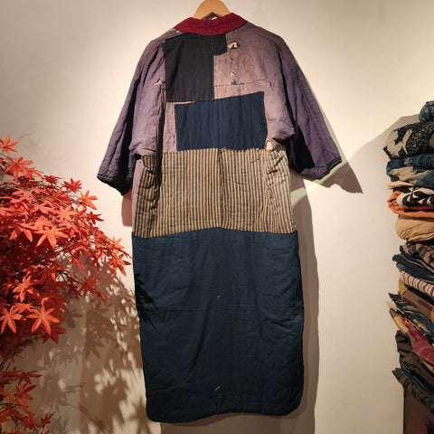 1930-50s Vintage Winter Padded Patchwork Boro Reversible Long Peasant's Noragi