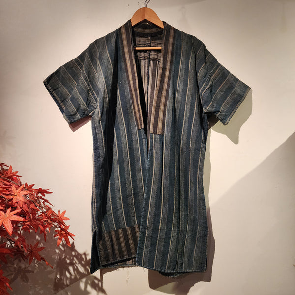 Vintage Indigo Boro Sashiko Reversible Noragi Short Sleeve