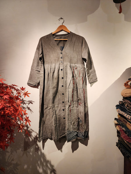 Retro Treasure Ship 7 Lucky God Persimmon Tanning Dyed Tenugui Long Sleeve Dress