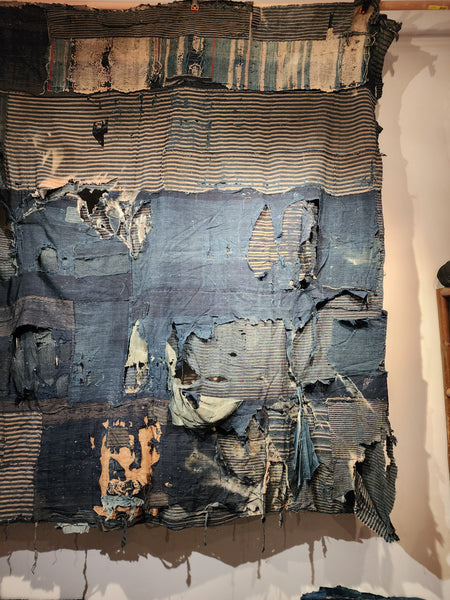 Antique Japanese Indigo Boro Sakiori Rug 153 x 162cm 1.6kg