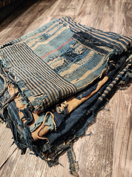 Antique Japanese Indigo Boro Sakiori Rug 153 x 162cm 1.6kg