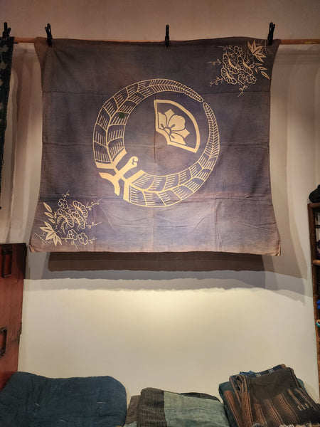 Boro Faded Indigo Kamon Tsutsugaki Furoshiki 125 x 137cm
