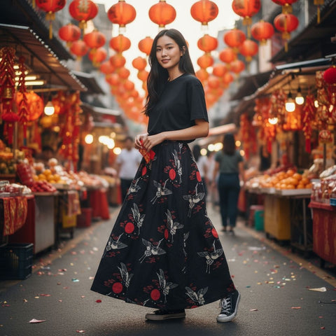 Black Crane & Sunset A-Line Skirts