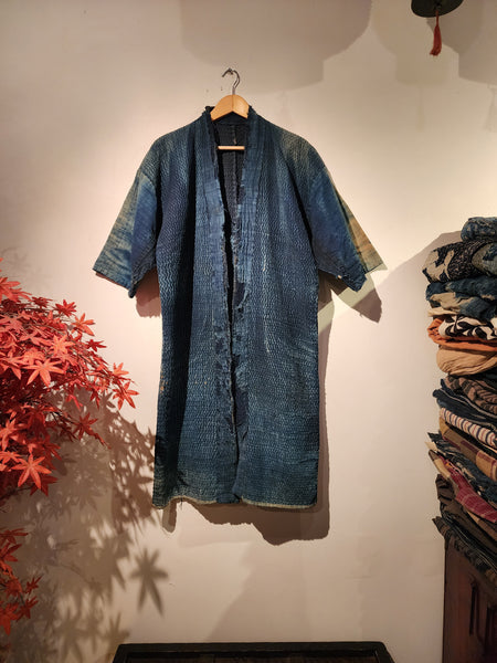1900s Meiji Era Antique Boro Indigo Sashiko Long Noragi from Sado Island