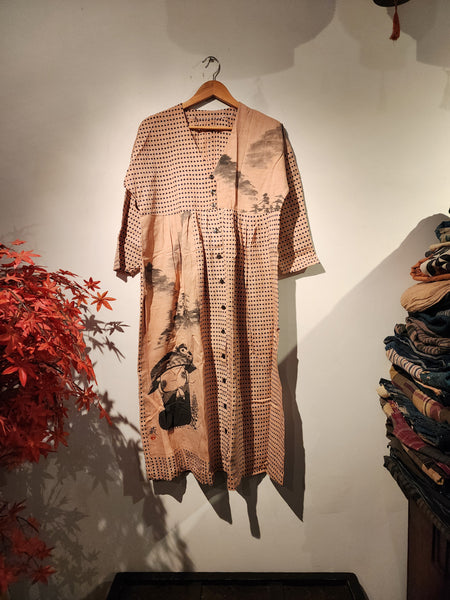 Retro Kakishibu Dyed Tenugui Long Sleeve Dress