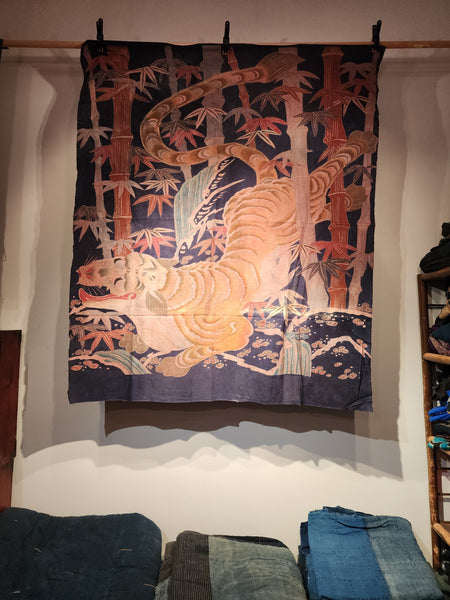 Vintage Indigo Bamboo Tiger Futon Cover Wall Art 128 x 152cm