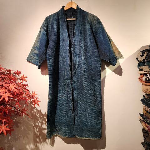 1900s Meiji Era Antique Boro Indigo Sashiko Long Noragi from Sado Island