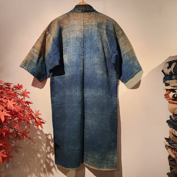 1900s Meiji Era Antique Boro Indigo Sashiko Long Noragi from Sado Island