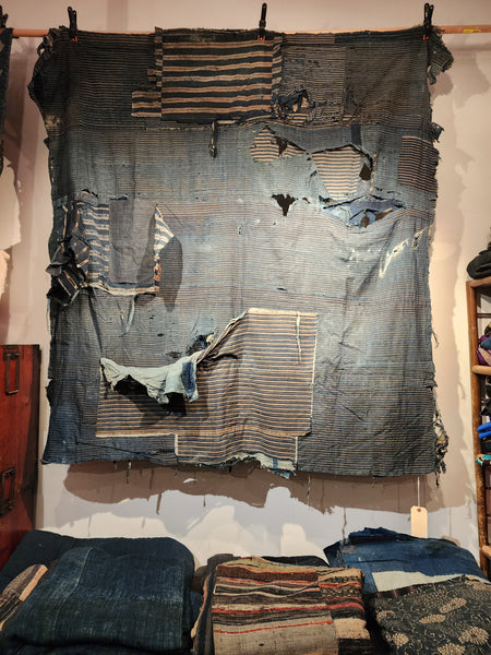 Antique Japanese Indigo Boro Sakiori Rug 153 x 162cm 1.6kg