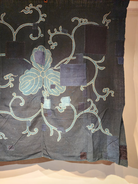 Vintage Japanese Aizome Indigo Kamon Boro Tsutsugaki Furoshiki 130 x 129cm