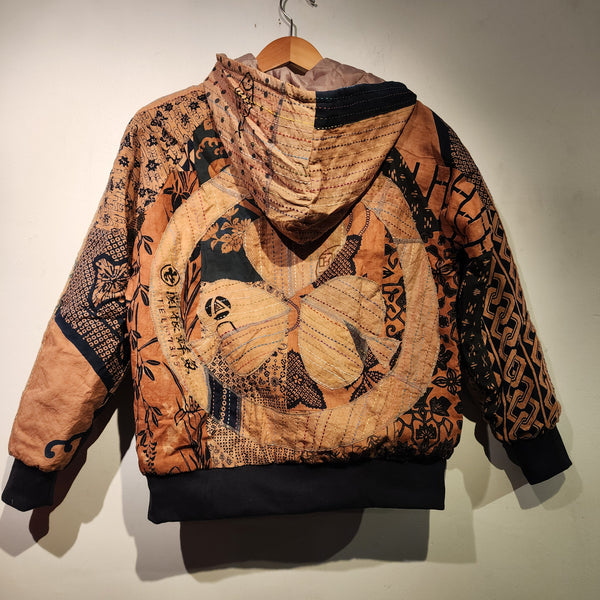 Retro Kakishibu Dyed Sashiko Patchwork Kamon Sukajan Quilted Jacket