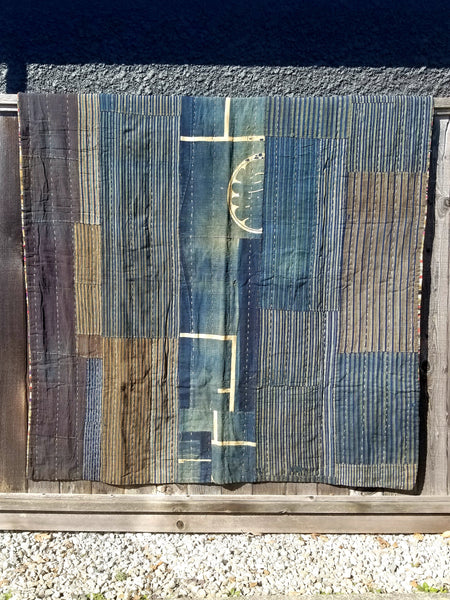 RARE 1900s Japanese Indigo Sakiori Blanket double lining Floor Rug for Home Decoration