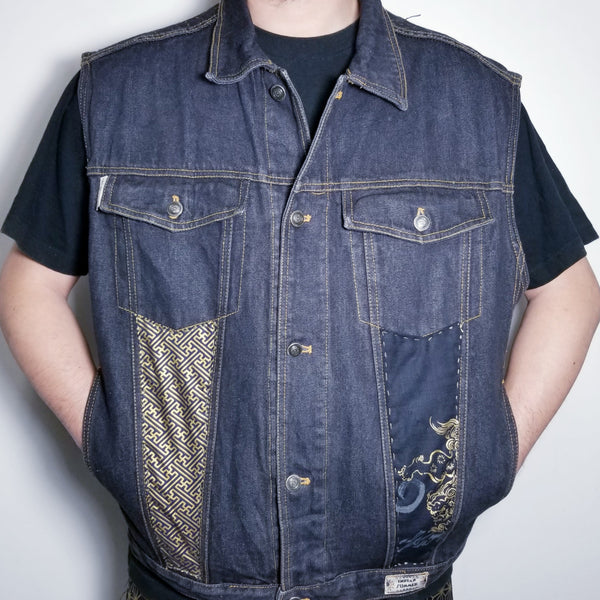 Golden Foo Dog Lion Handstitched Sashiko Retro Patchwork Vest